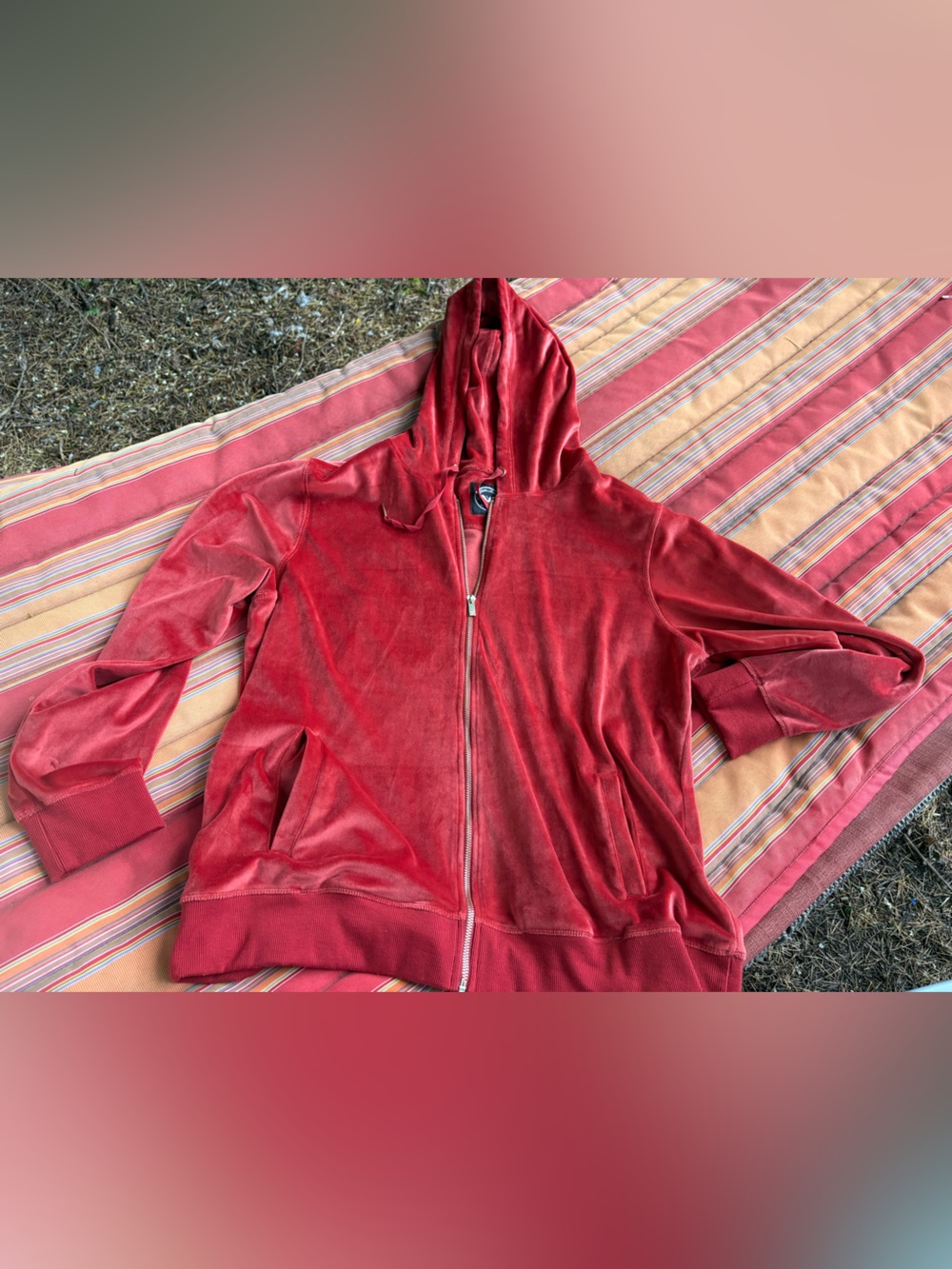 White Mark Red Velour Zip Hoodie with Gold Hardware